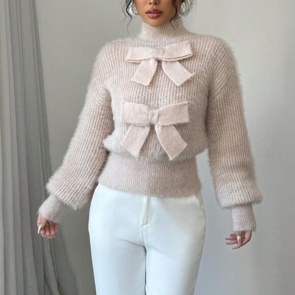 Apricot Casual Women's Stand Collar Bow Decor Sweater - Picture 4 of 7